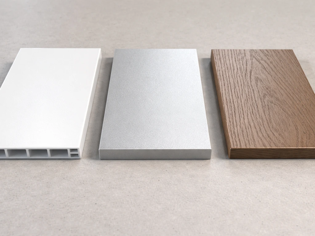 Three material close-ups: rigid PVC/vinyl texture, powder-coated aluminum panel, and embossed alumawood wood-grain.