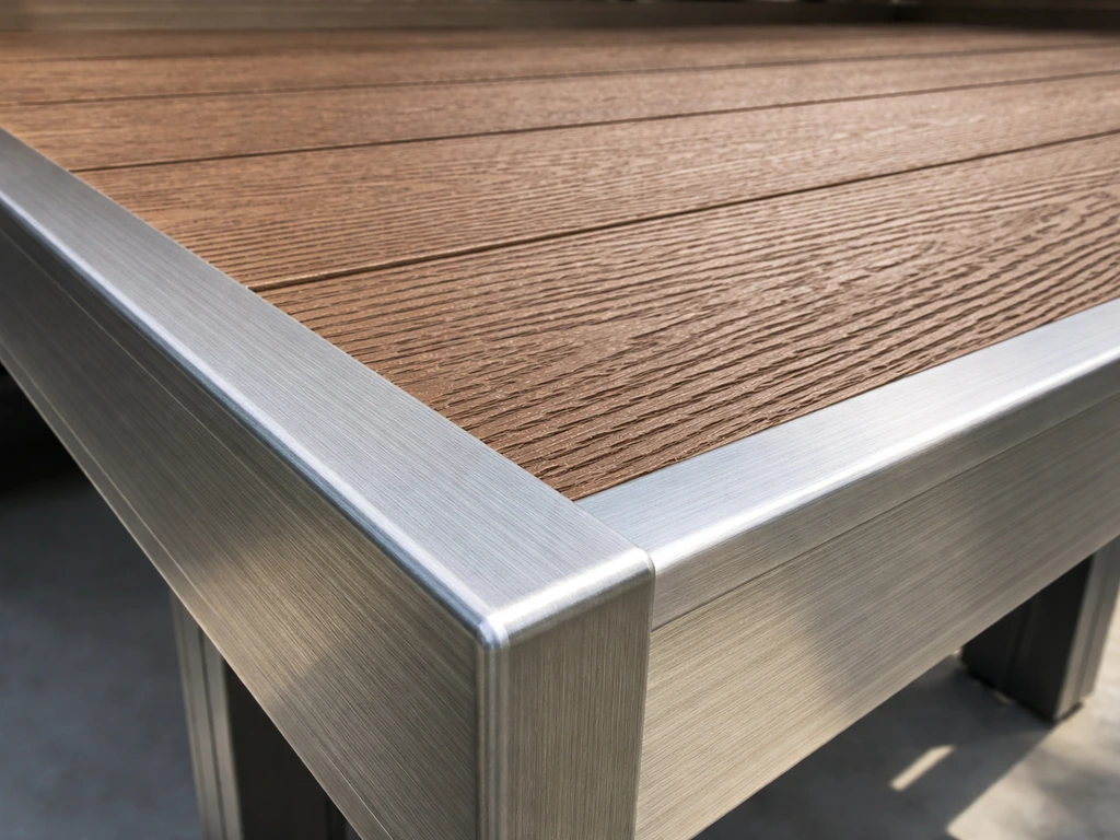 Close-up of embossed wood-grain alumawood panel with aluminum frame visible behind it.