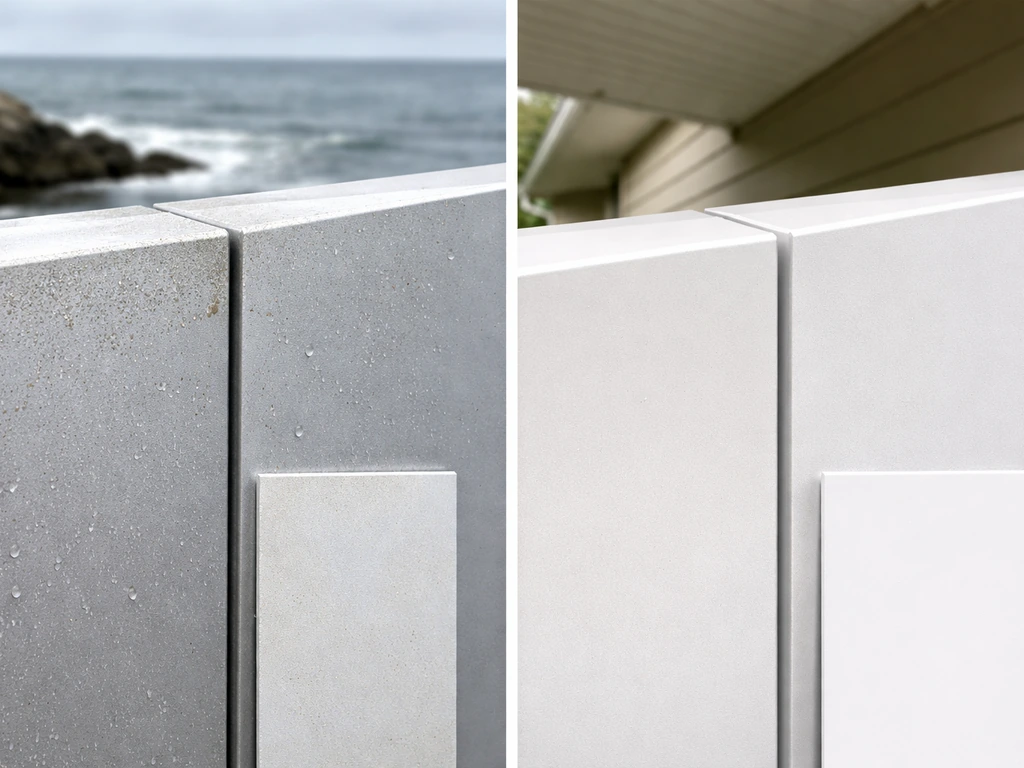 Split-scene showing coastal salt-air corrosion risk versus sheltered residential air on aluminum and vinyl materials