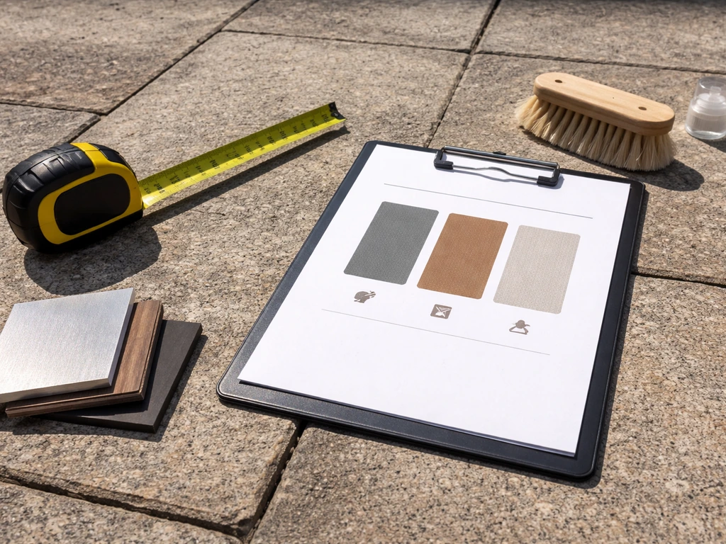 Patio setup with tape measure and handwritten notes beside a tri-material spec-style layout on a clipboard.