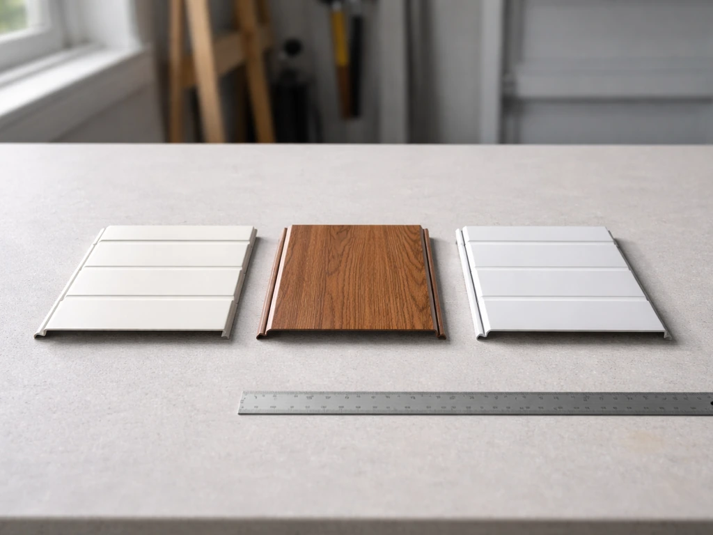 Minimal photo of three clean material samples—vinyl, wood-look aluminum, and aluminum—on a worktable with a ruler