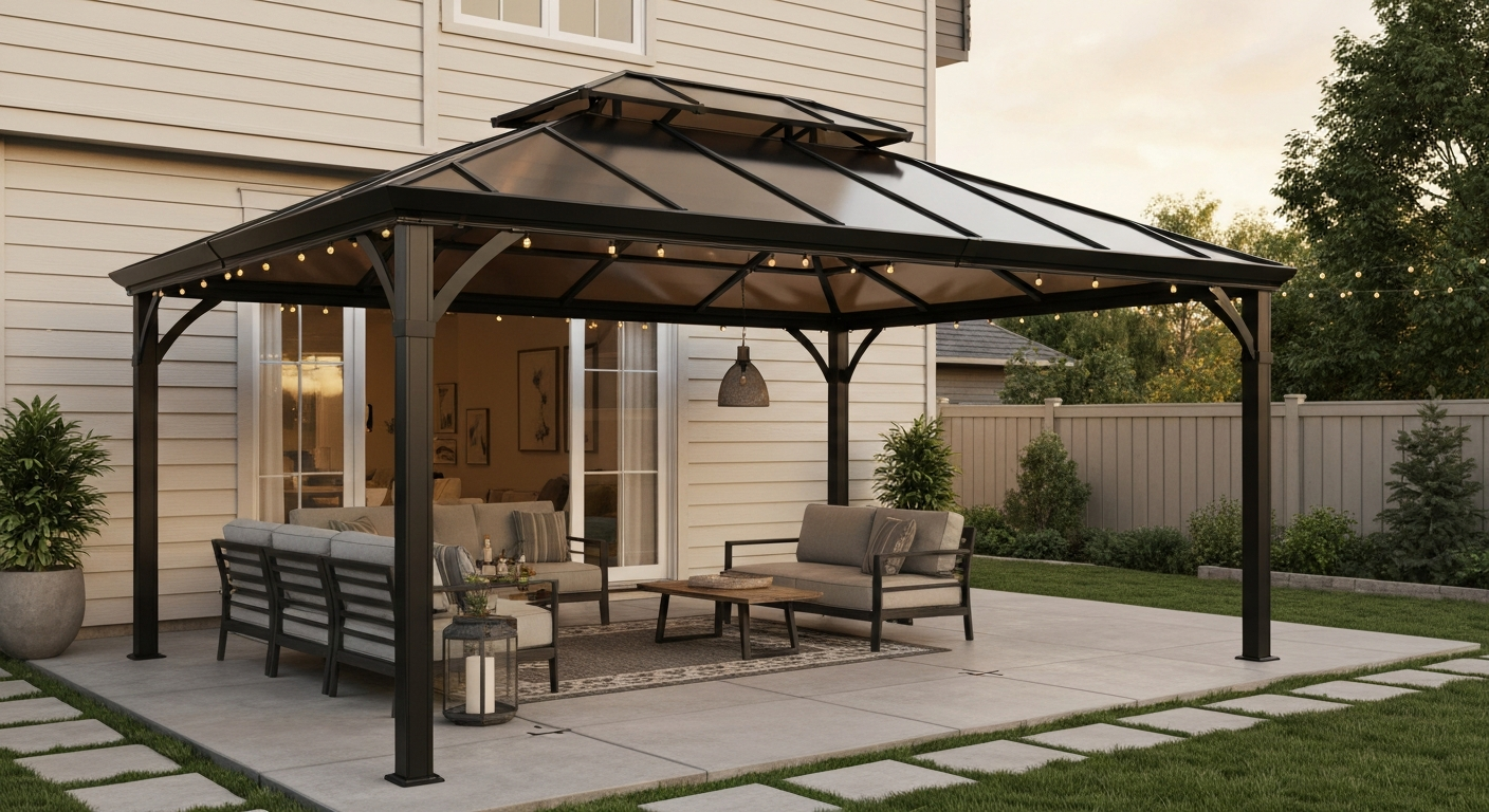 Black hard-top galvanized steel gazebo with polycarbonate roof over a furnished patio, anchored to pavers