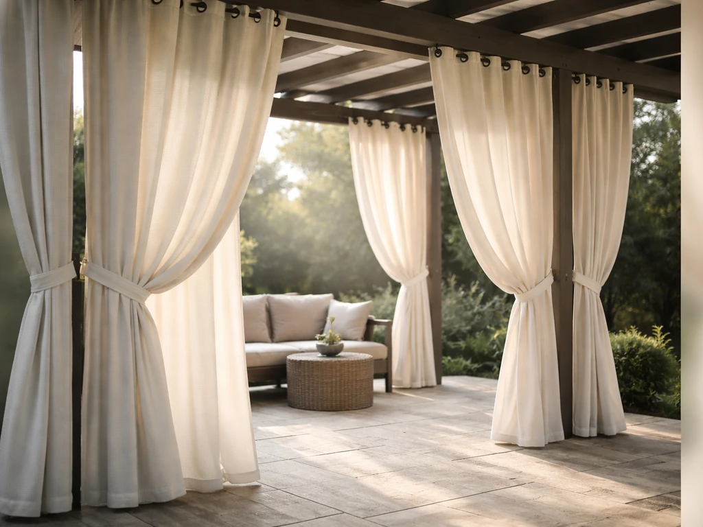 Covered patio with several outdoor drape panels hung for privacy and wind control under a pergola.