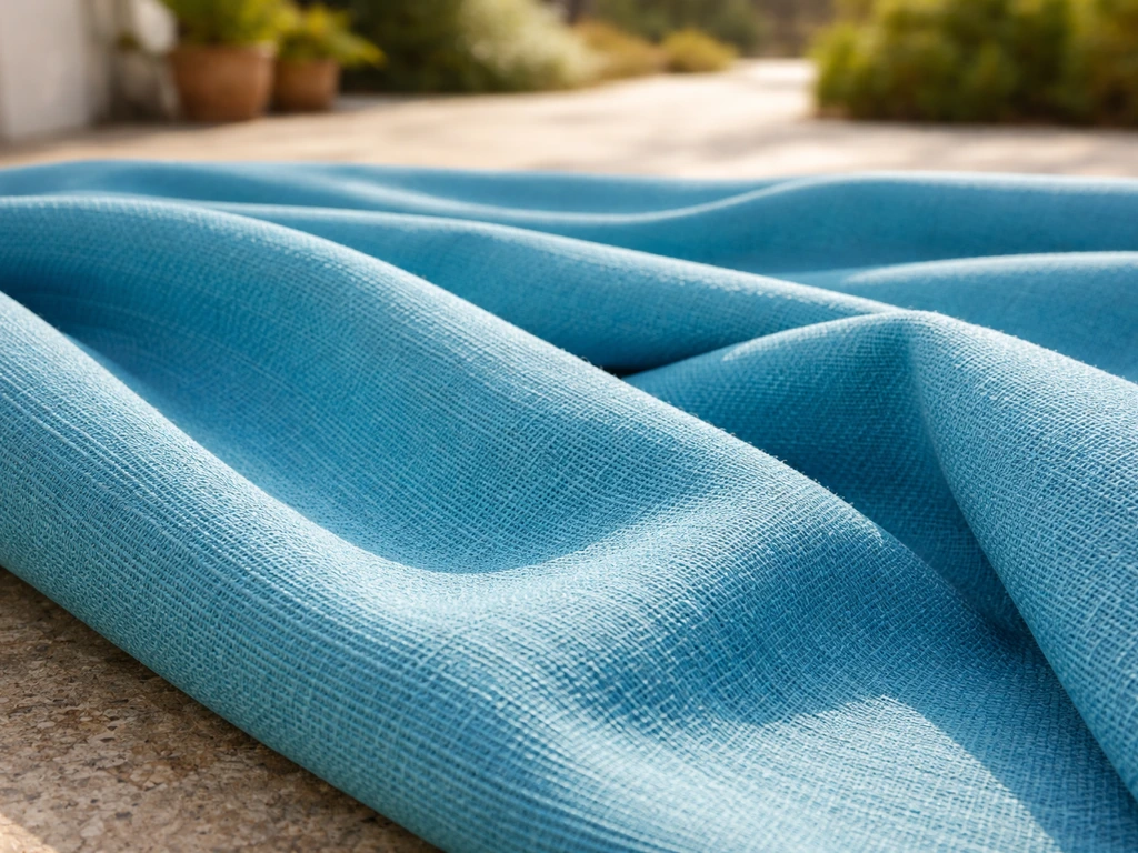 Close-up of vibrant solution-dyed acrylic outdoor drape fabric in sunlit folds, showing texture and colorfast quality.