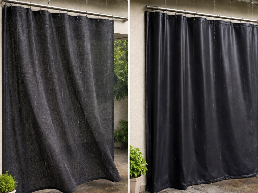 Side-by-side outdoor drapes showing coated mesh versus vinyl panel blocking wind and rain.