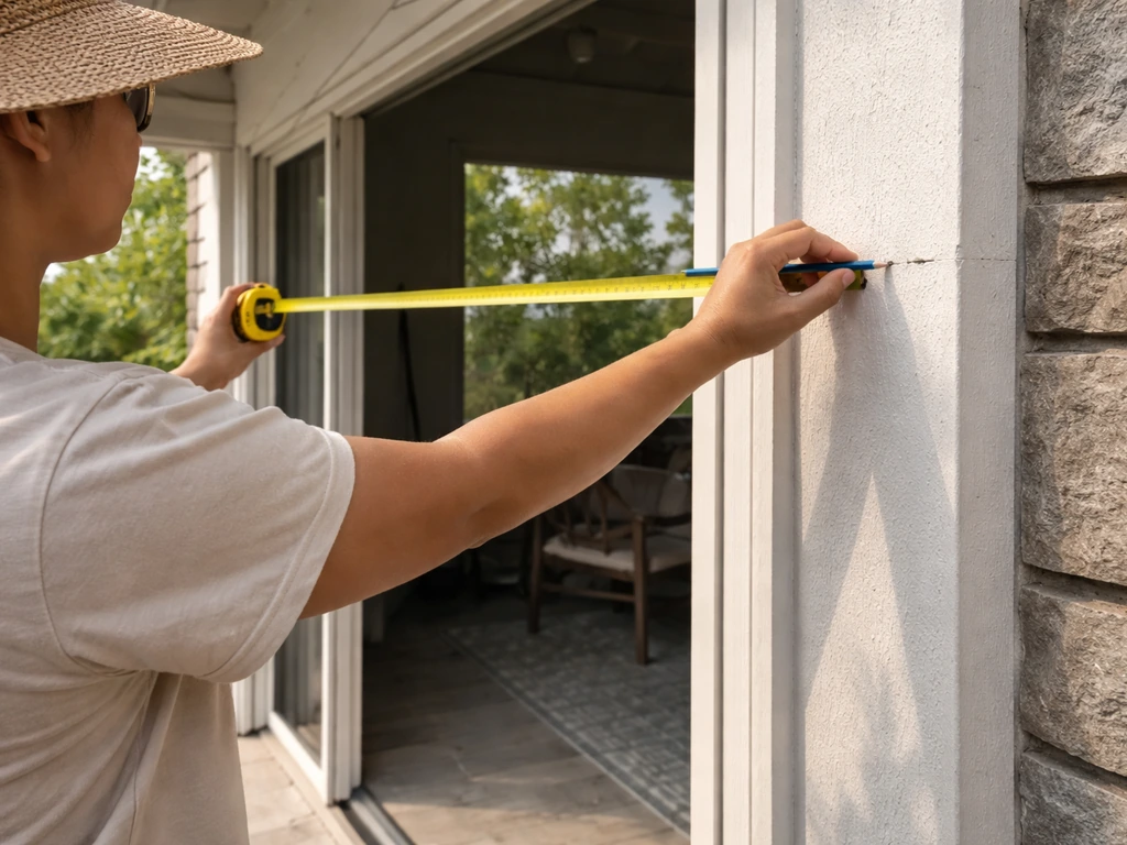 Person measuring a patio opening with a tape measure and marking a mounting height on a wall.