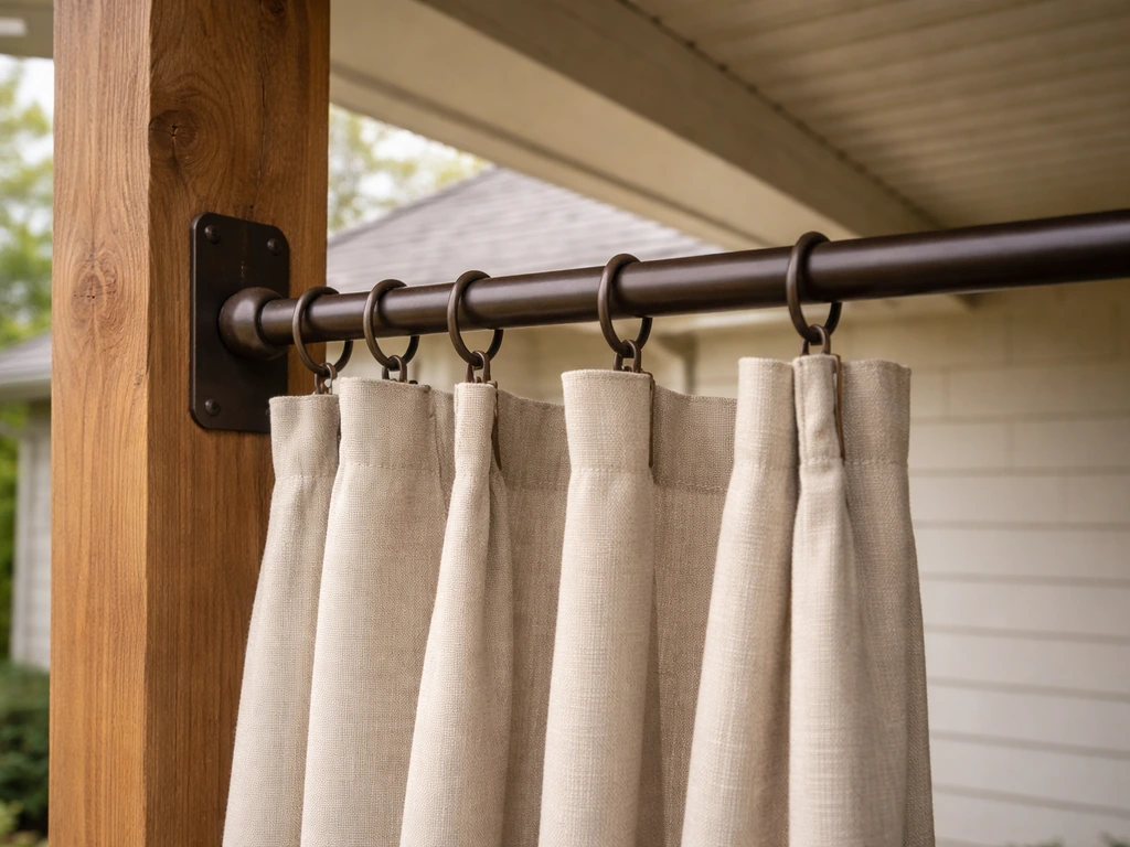 Close-up of outdoor curtain rod and brackets with drape panels on wooden posts in natural light