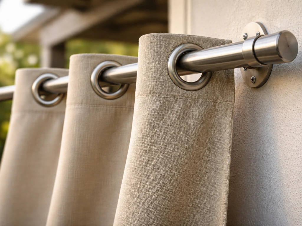 Close-up of outdoor drape fabric with double grommets secured to a metal rod, outdoors in light wind.