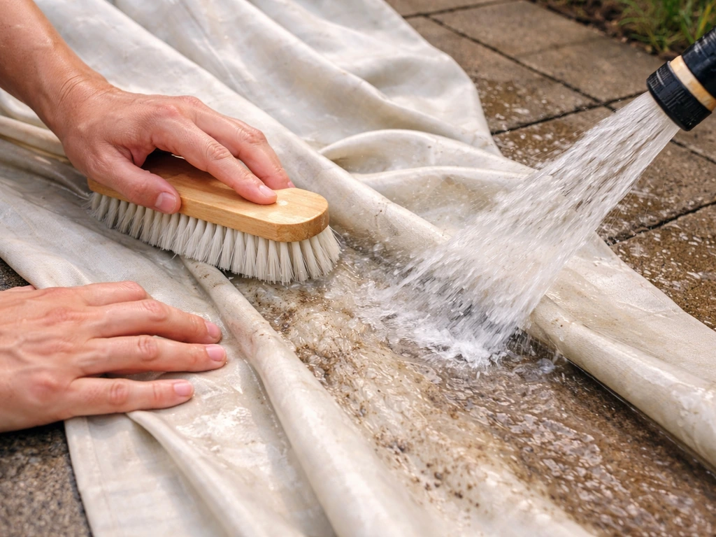 Hands brush-washing outdoor drapes while a hose rinses away dirt on a patio