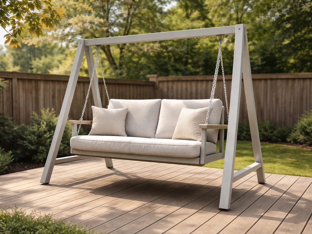 A-frame patio swing on a wooden deck in a Canadian backyard, sunlit and inviting.