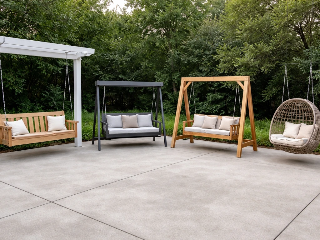 Four patio swing types arranged side-by-side: bench, porch swing, A-frame, and hanging swing chair.