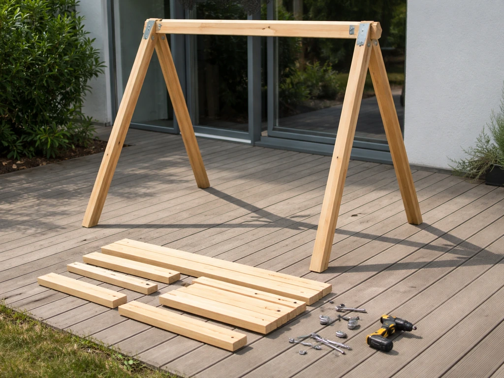 Flat-pack A-frame swing pieces on a patio as an assembled A-frame is being built