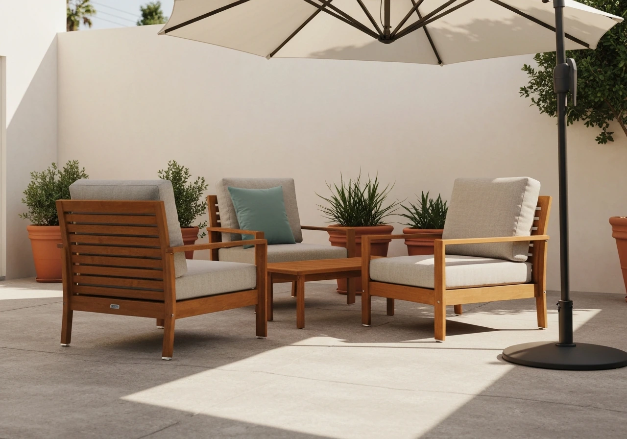 Sunlit outdoor patio with cohesive neutrals and a muted teal accent across furniture, planters, and umbrella.