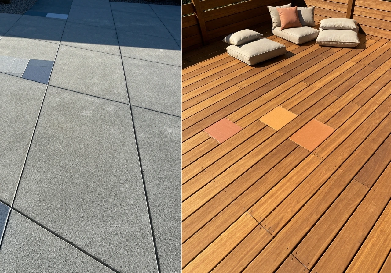 Side-by-side comparison of concrete gray patio vs warm wood decking with complementary color accents.