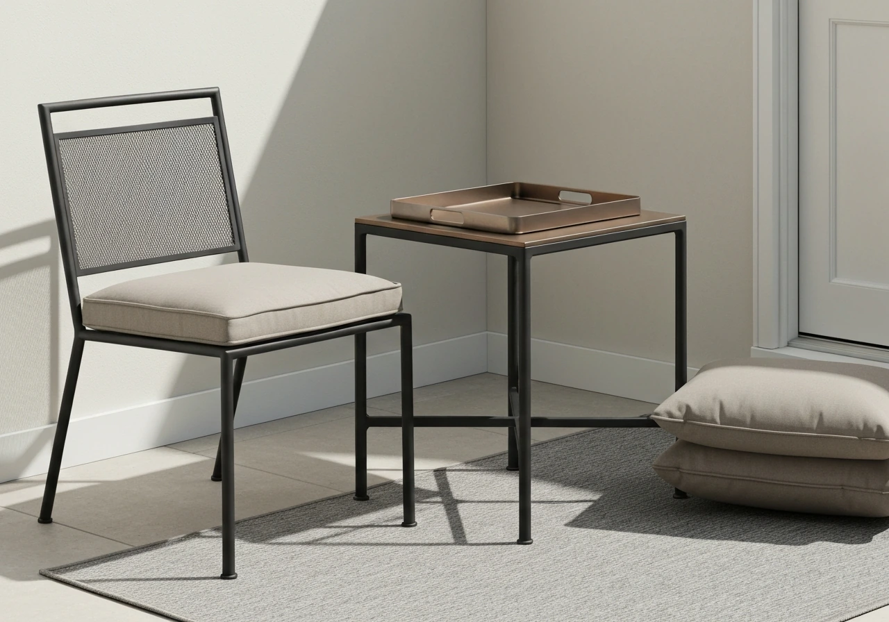 Minimal patio corner with black metal furniture, bronze/silver accents, and matching cushions and rug.