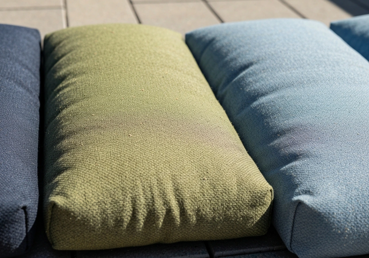 Close-up of outdoor cushions in muted navy, olive, charcoal, and dusty blue showing wear-hiding shades.