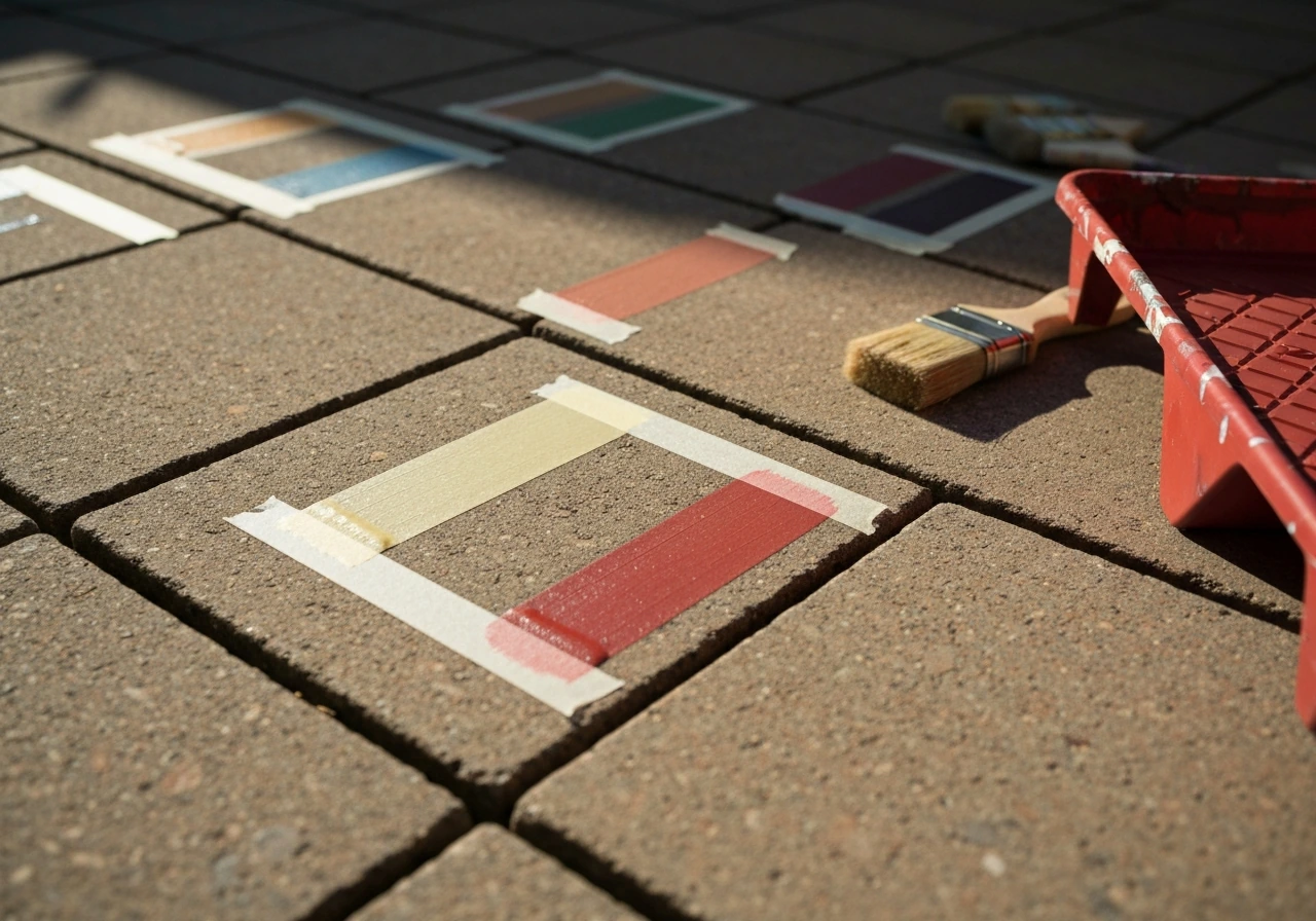 Afternoon light on an outdoor patio with multiple taped paint/stain samples brushed directly on the surface.