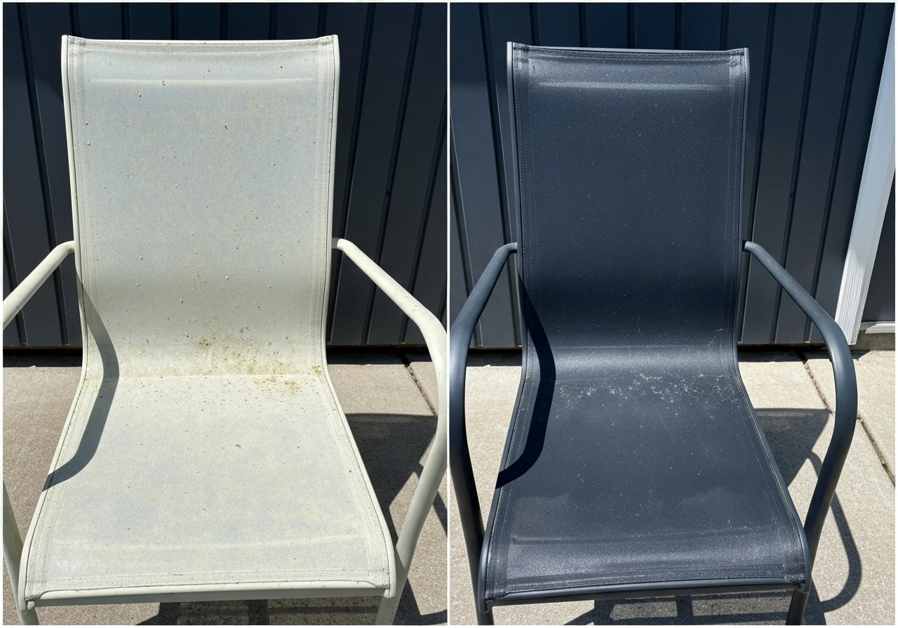 Two matching patio chairs on a wall: light surface shows pollen/grime; dark surface looks cleaner with subtle dust.