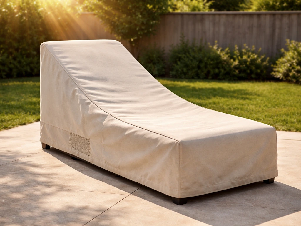 Sunlit patio furniture covered with a UV-rated cover, showing bright-light wear potential on edges.