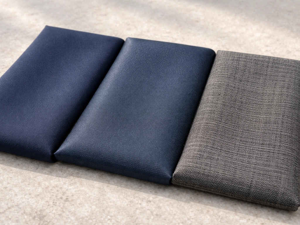Close-up of three swatches of outdoor cover materials showing different finishes and UV-ready textures.