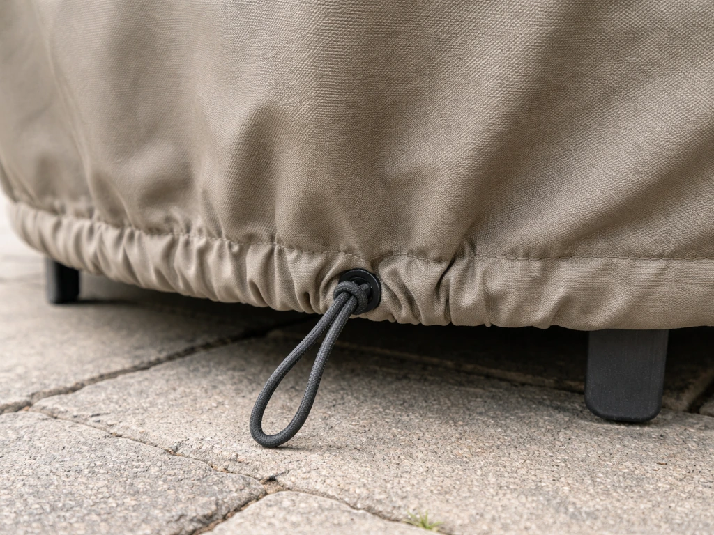 Close-up of a snugly cinched patio furniture cover bottom edge with elastic hem and drawstring.