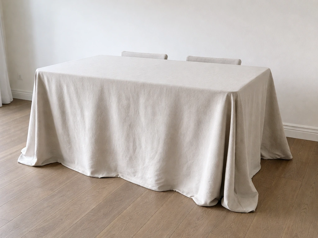 Dining table and chairs covered with one large all-in-one cover, fabric draped smoothly.