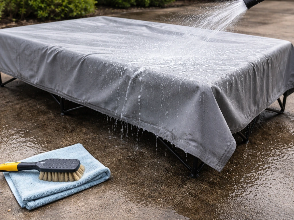 Vehicle cover being hosed off with a cleaning brush nearby and subtle fraying indicating replacement timing.