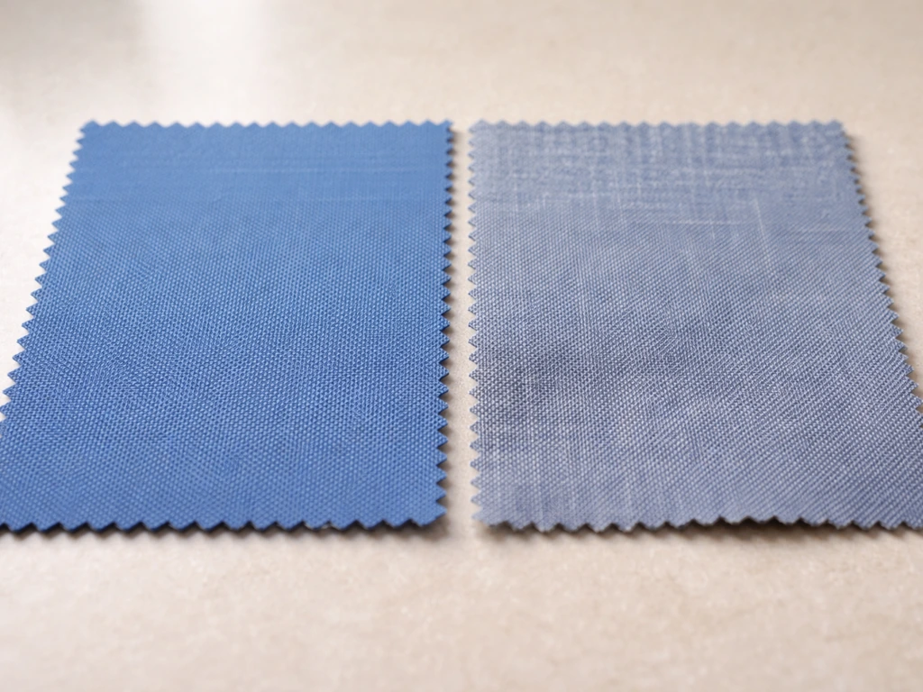 Close-up comparison of solution-dyed acrylic fabric and a fading, rougher outdoor-ineligible fabric