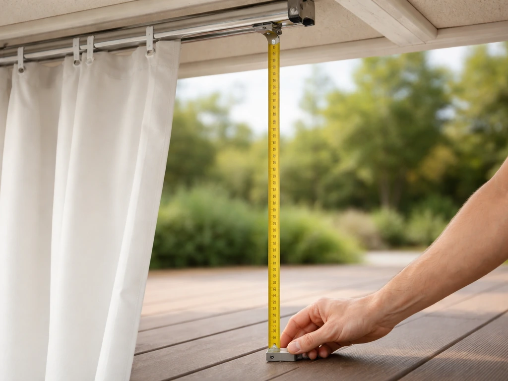 Measuring tape hanging from a patio curtain track down to the deck surface.