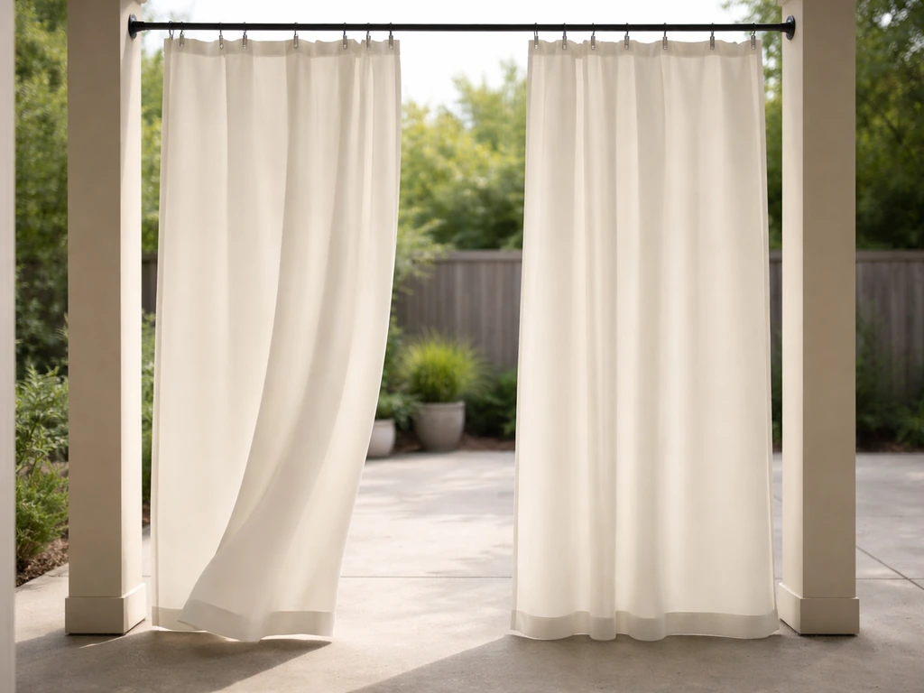 Outdoor curtain panels clipped to a rod and weighted at the bottom, staying straight in a light breeze.