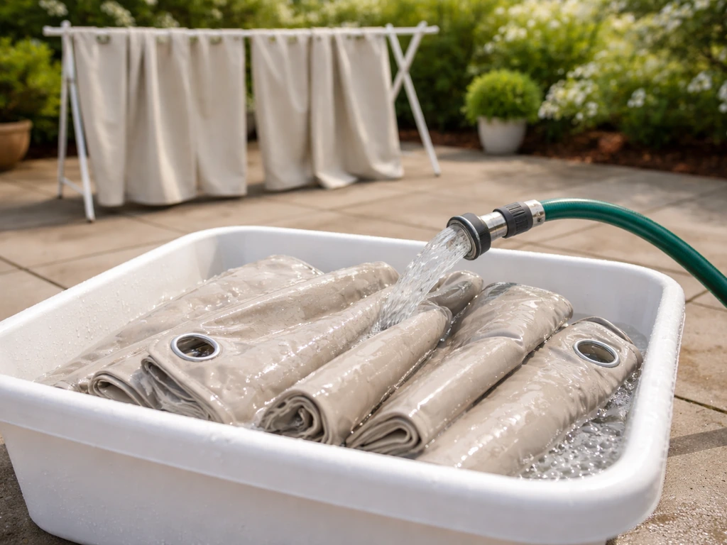 Outdoor curtain panels rinsed in shallow tub and air-dried on a rack to prevent mildew