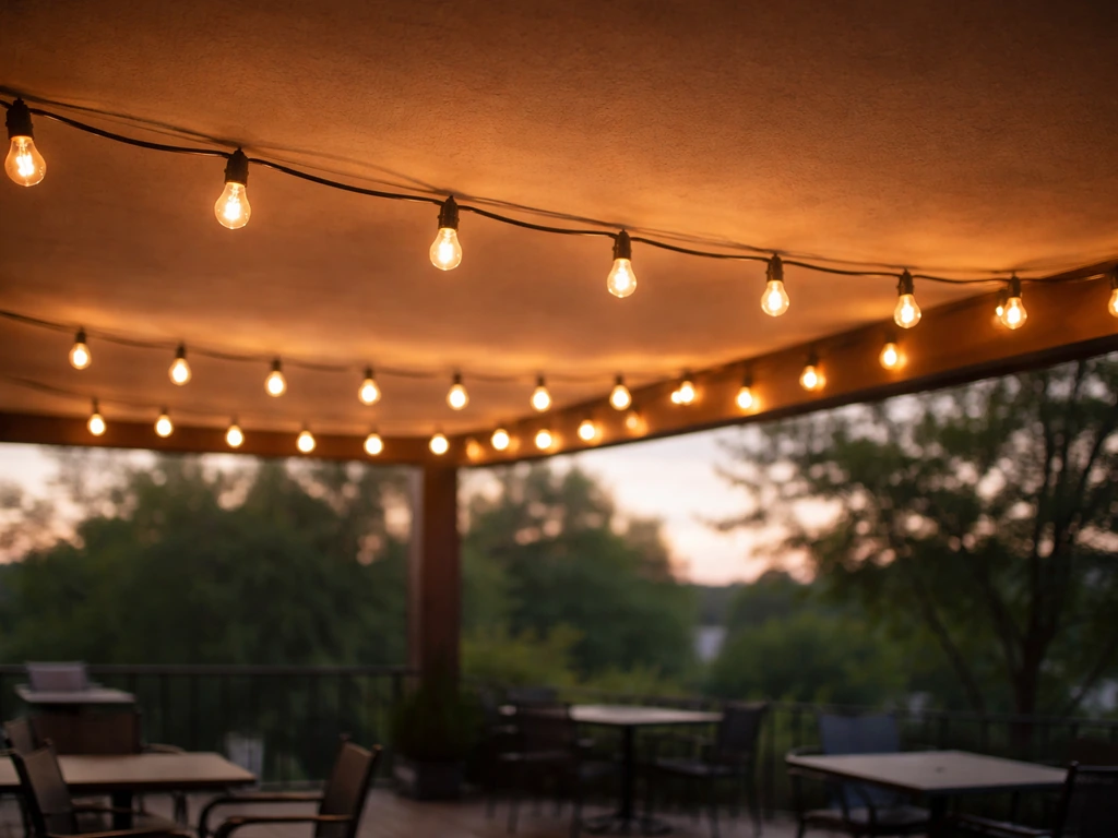 Wide outdoor patio with newly installed warm S14/G60 string lights glowing under the overhang at dusk.