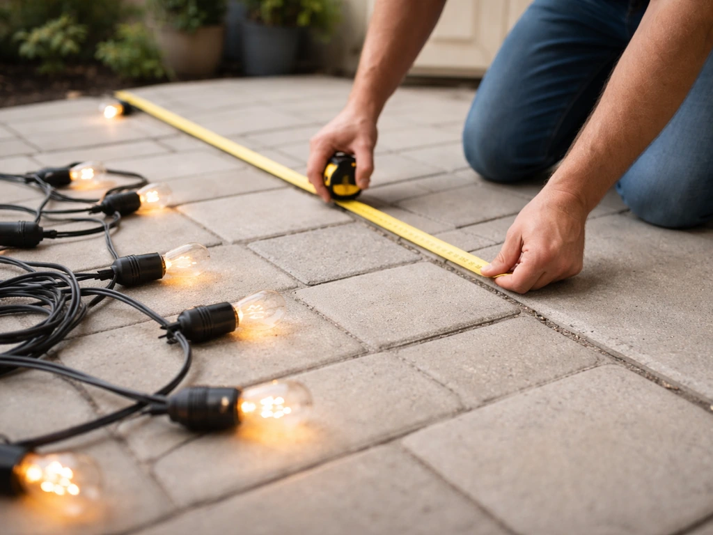 Person measuring patio perimeter on the ground with tape, beside a lighting strand length to choose.