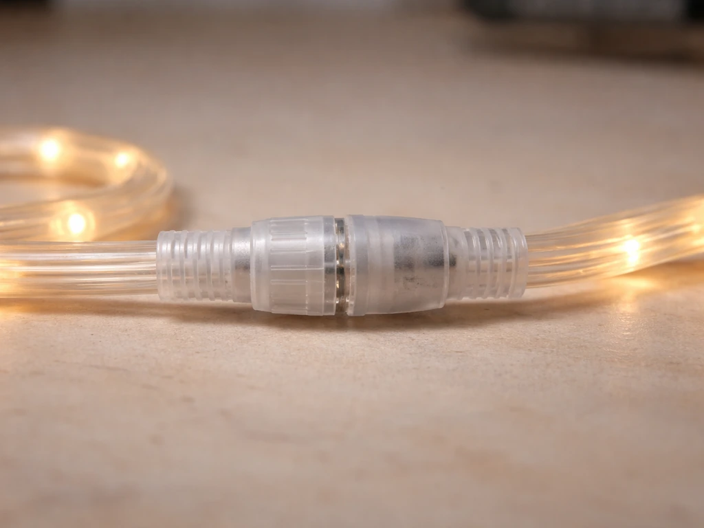 Close-up of two S14 LED rope strands connected with a plug protector over the junction.