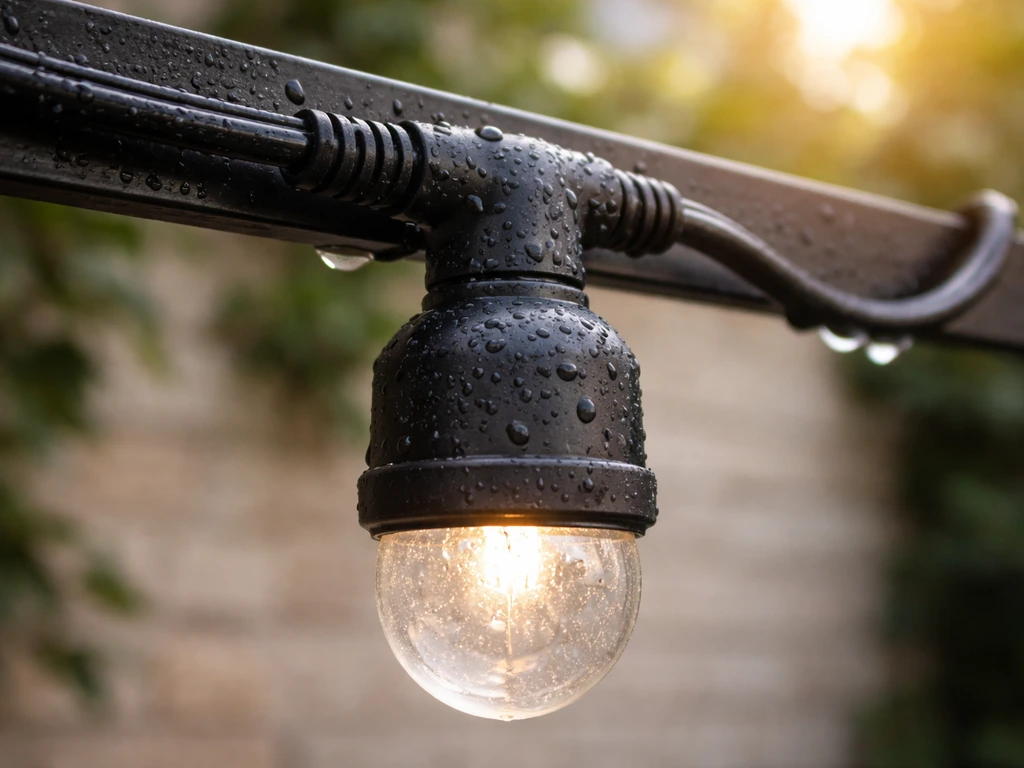 Close-up of outdoor LED bulb and weatherproof cord neatly routed and kept clean under a light rain.
