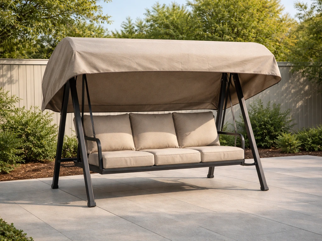 Patio swing with a fitted top cover protecting cushions from rain and sun outdoors