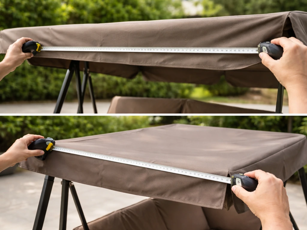 Tape measure measuring left-to-right and front-to-back on a patio canopy swing frame