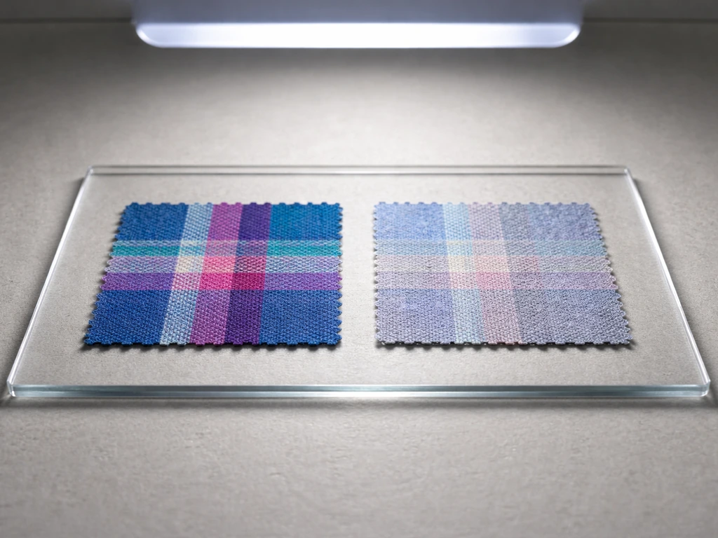 Two fabric swatches side by side, showing one UV-faded and the other color-retained under light.
