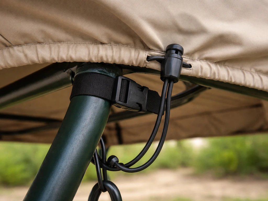 Underside of a swing cover with elastic hem cord toggle and buckles tightly fastened.