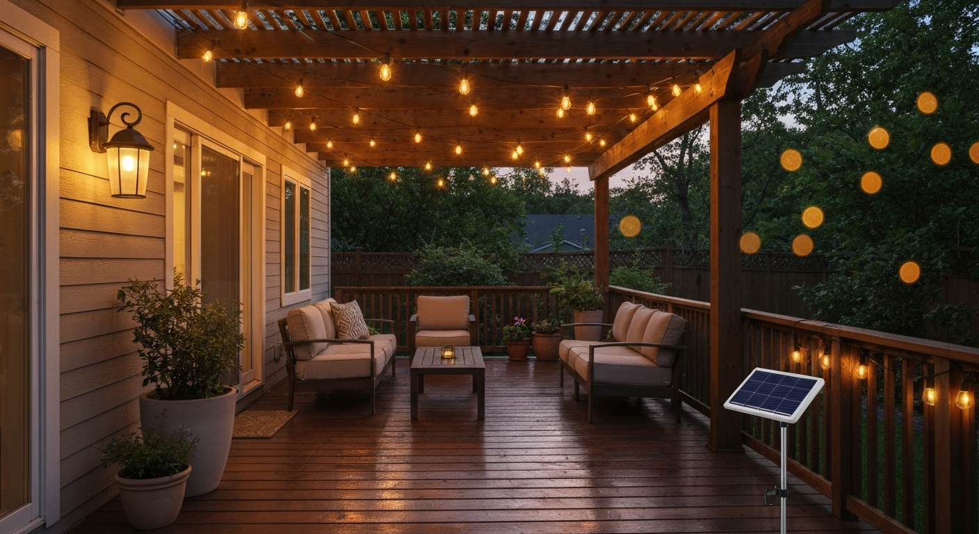 Cozy dusk patio with warm bistro string lights, wall sconce, and solar panel near railing