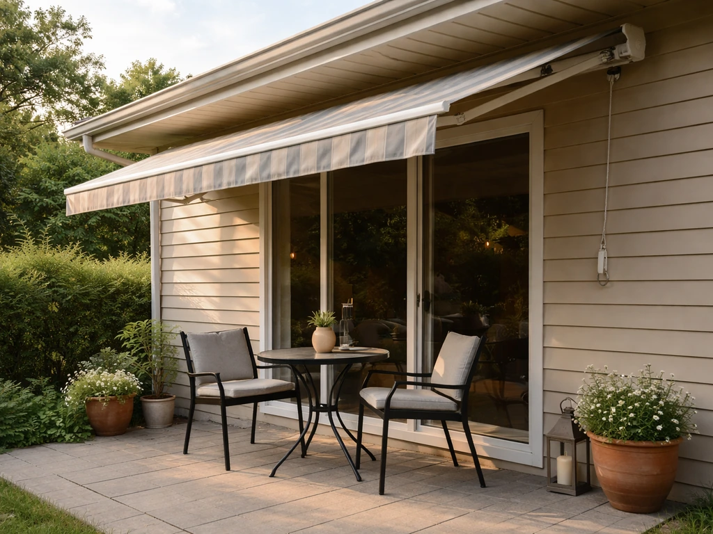 Manual retractable awning extended over a patio seating area with the crank/pull mechanism visible.
