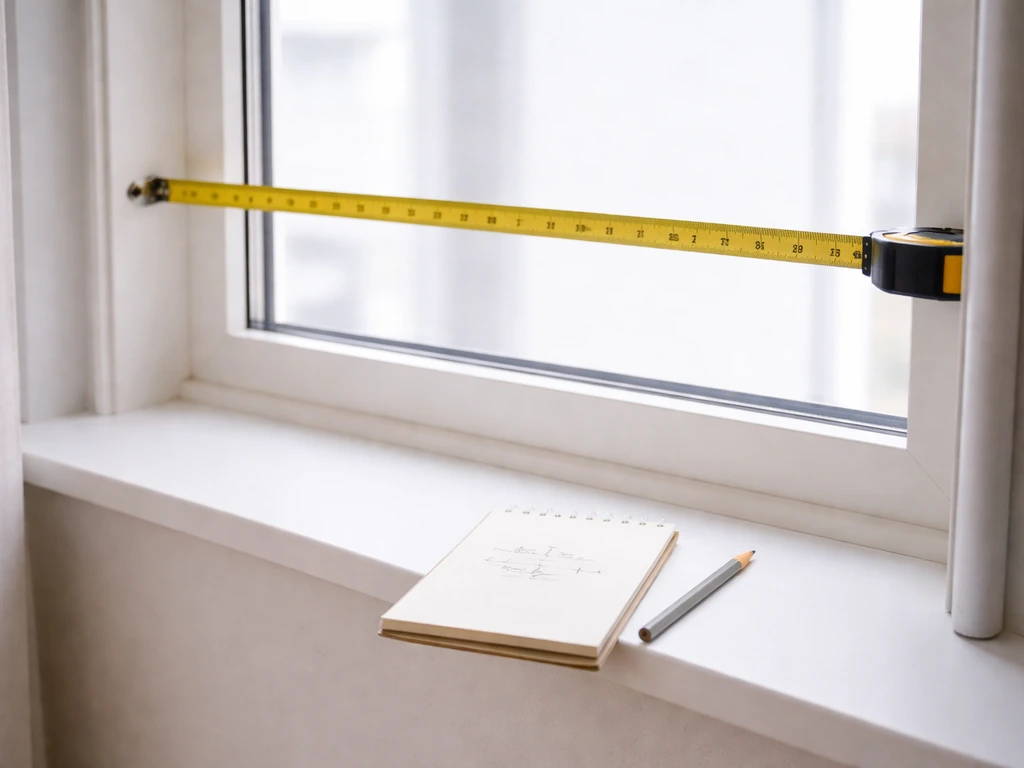 DIY measuring setup with tape measure aligned to roller shade mounting points near a window