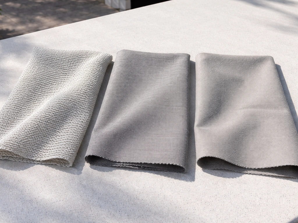 Three shade fabric samples side-by-side: knitted HDPE, woven polyester solar screen, and acrylic canvas.