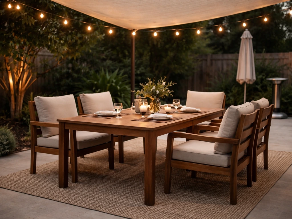 Warm outdoor patio dining setup with cushioned chairs, lit string lights, and a shaded table.