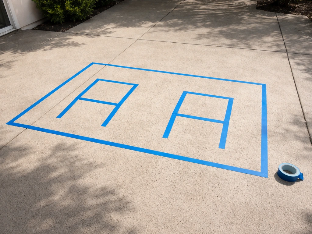 Painter’s blue tape outlines on a patio floor showing a dining set layout with clearance space