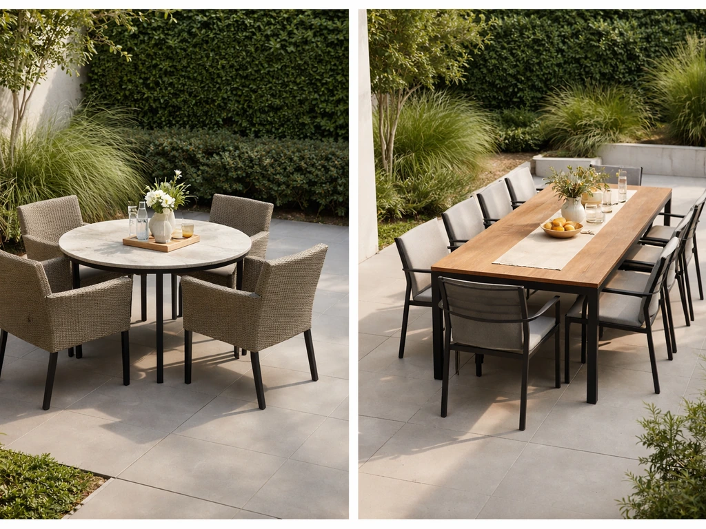 Side-by-side patios showing a round table for 4 and a rectangular table for 6 chairs