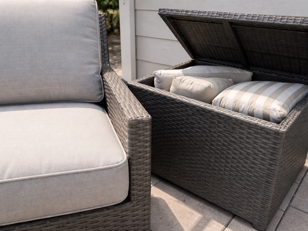 Close-up of a weatherproof outdoor cushion with stitched fabric next to a covered storage bin.