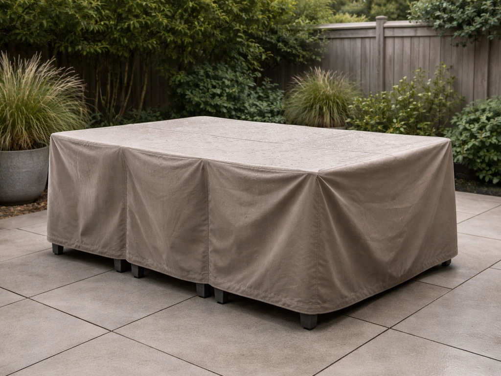 Waterproof cover over an outdoor dining set with cushions stored underneath, protected from rain.