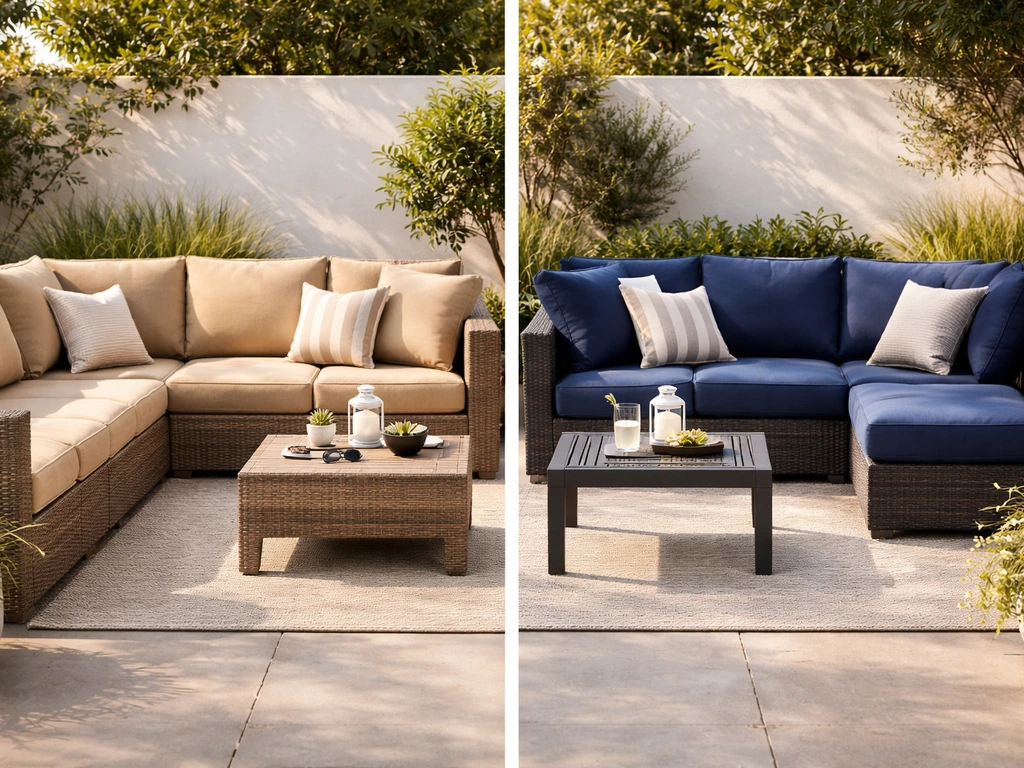Outdoor patio chairs with warm neutral and deep navy cushion colors in bright sun, sun-faded fabric texture.