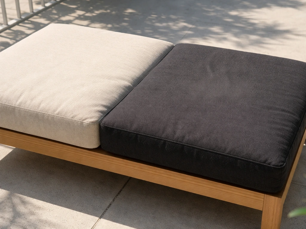 Patio cushions in light and dark colors under sun, showing hotter darker surface and cooler lighter shade.